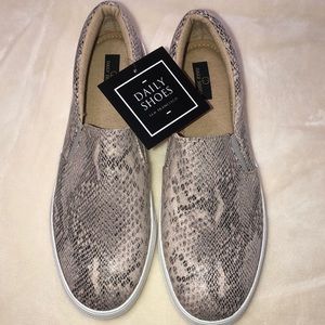 NWT Daily Shoes brand snake skin pattern slip on sneakers. Women’s size 10.